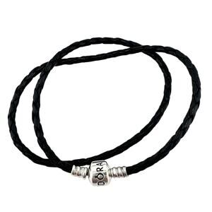 Pandora 925 Sterling Silver Black Braided Leather Wrap Charm 16” Bracelet